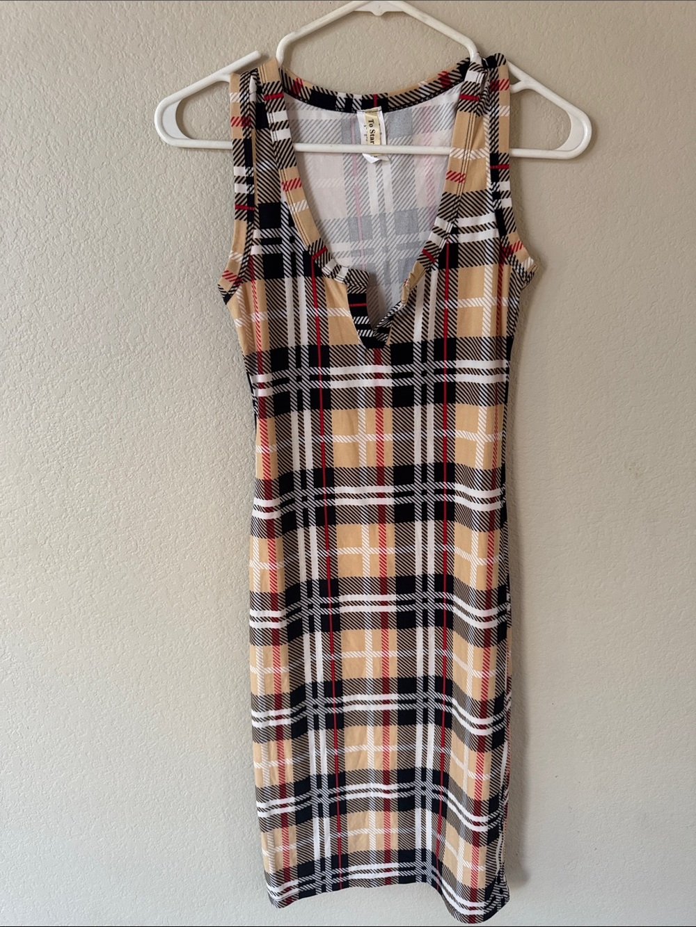Plaid V-Neck Tank Dress in Beige and Black
